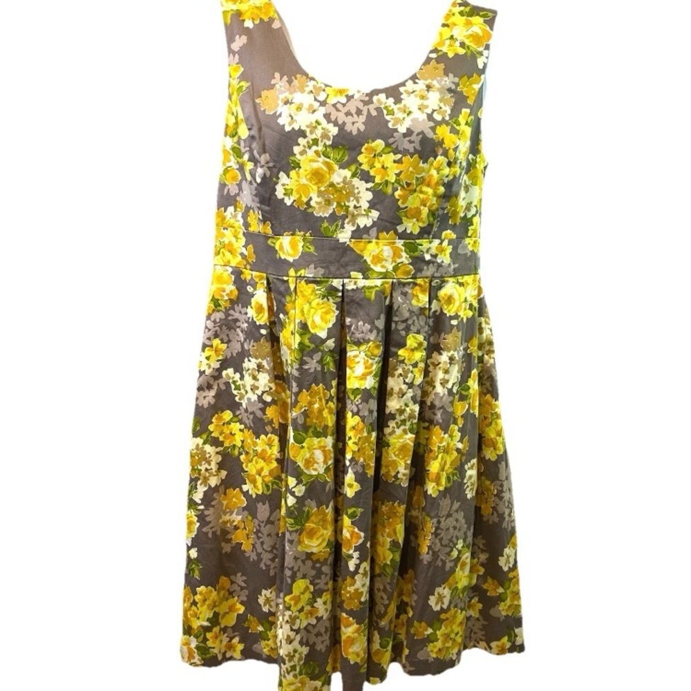 Vtg R&K Womens Dress Yellow Floral Grey Fit & Flare Midi Rockabilly Pinup Sz 18